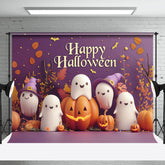Aperturee - Cute Ghosts Pumpkins Leaves Happy Halloween Backdrop