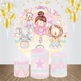 Aperturee - Cute Girl Animal Pink Round Baby Shower Backdrop Kit