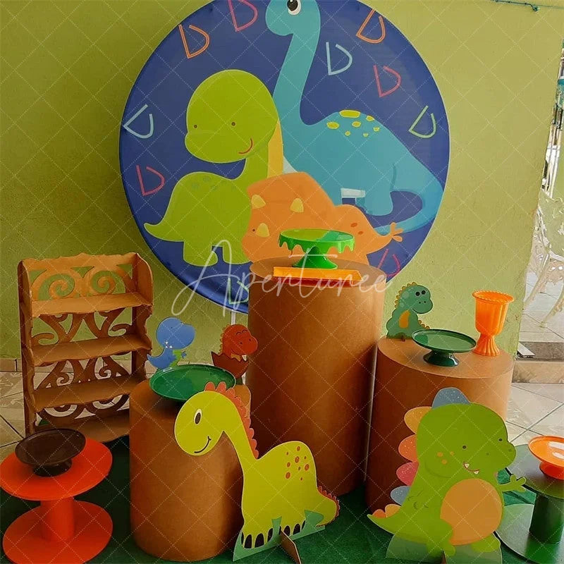 Aperturee - Cute Little Dinosaur Round Dark Blue Birthday Backdorp