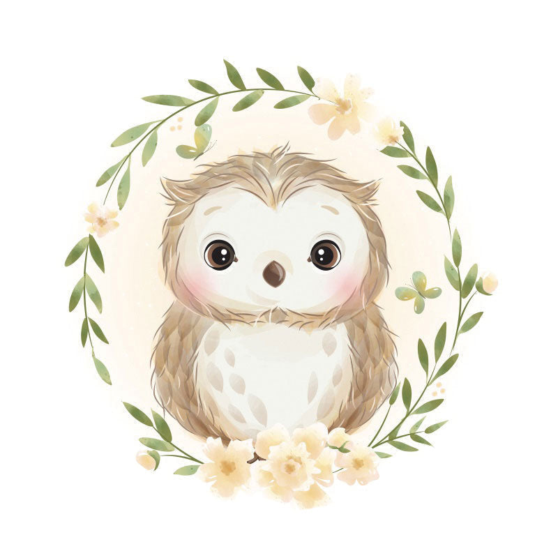 Aperturee - Cute Owl Round Yellow Floral Baby Shower Backdrop