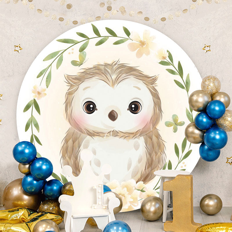 Aperturee - Cute Owl Round Yellow Floral Baby Shower Backdrop