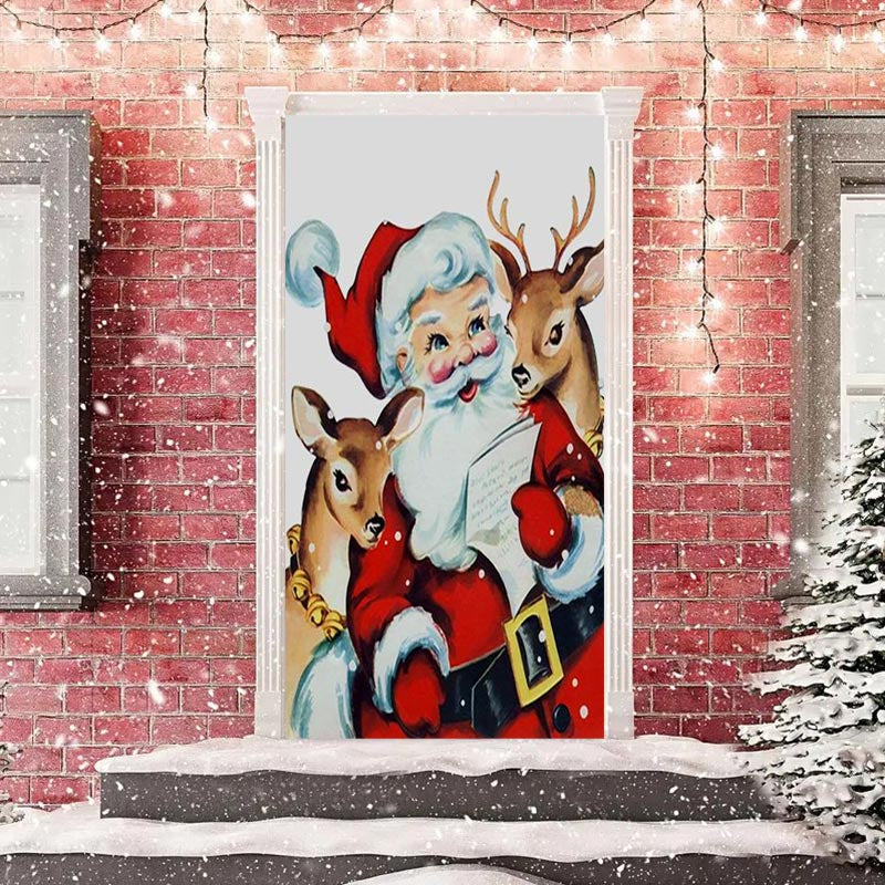 Aperturee - Cute Santa Claus Elk White Christmas Door Cover