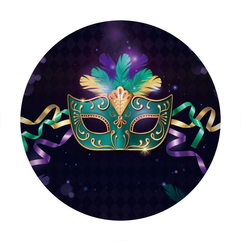 Aperturee - Cyan And Gold Mask Round Birthday Party Backdrop