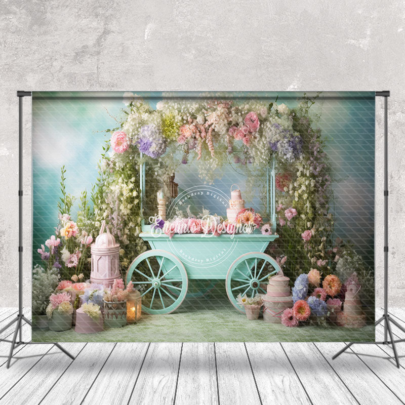 Aperturee - Cyan Cart Leaf Floral Spring Backdrop For Photo