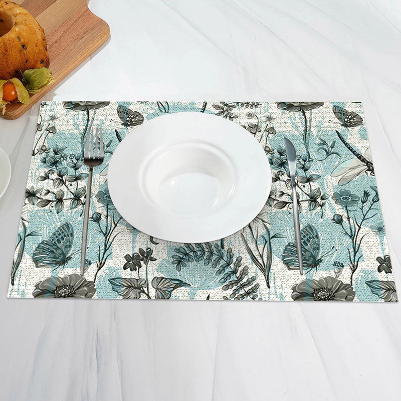 Aperturee - Cyan Floral Leaf Butterfly Retro Set Of 4 Placemats