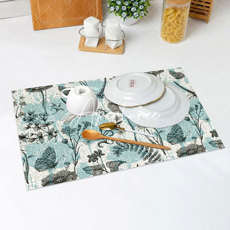 Aperturee - Cyan Floral Leaf Butterfly Retro Set Of 4 Placemats