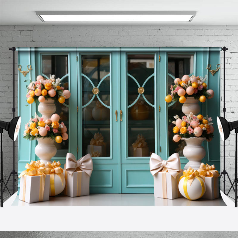 Aperturee - Cyan Window And Parterre Eggs Gifts Easter Backdrop