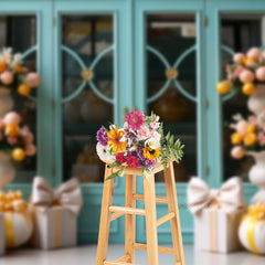 Aperturee - Cyan Window And Parterre Eggs Gifts Easter Backdrop