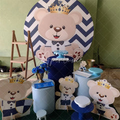 Aperturee - Dark Blue Stripes Round Teddy Bear Baby Shower Backdrop