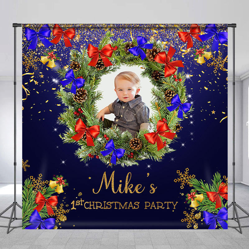 Aperturee - Dark Blue Wreath Custom Photo 1st Christmas Backdrop