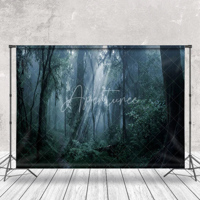 Aperturee - Dark Green Forest Light Beam Photography Backdrop