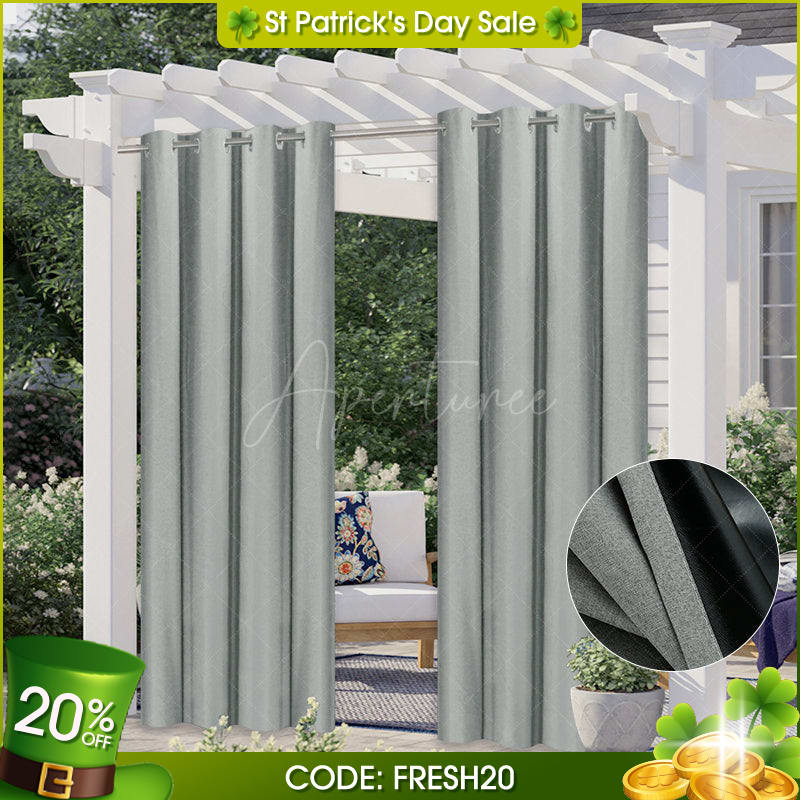 Aperturee - (7 Day Delivery) Grey Waterproof Grommet Top Outdoor Curtains for Front Porch
