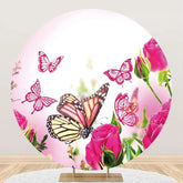 Aperturee - Dark Pink Floral Butterfly Round Birthday Backdrop