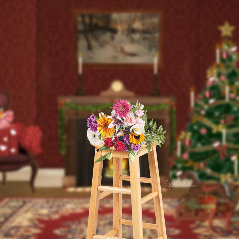 Aperturee - Dark Red Fireplace Tree Carpet Christmas Backdrop