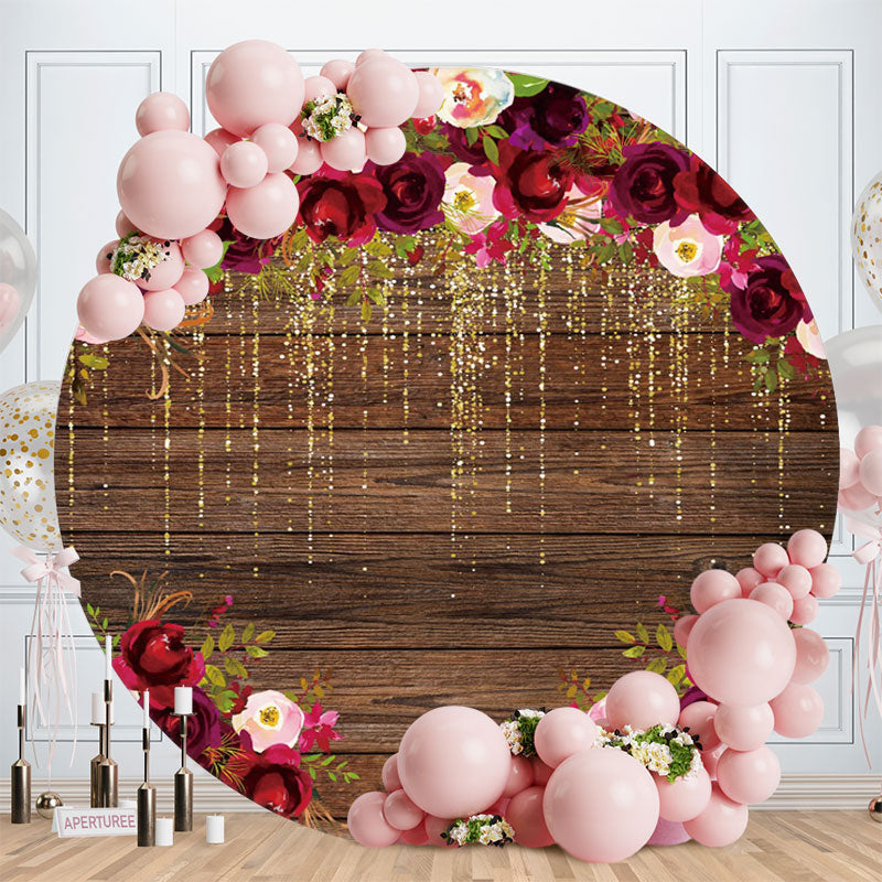 Aperturee - Dark Red Rose Glitter Brown Round Wood Birthday Backdrop