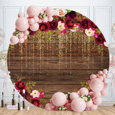 Aperturee - Dark Red Rose Glitter Brown Round Wood Birthday Backdrop