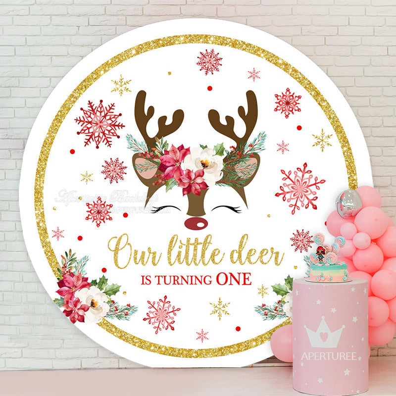 Aperturee - Deer Snowflake Round Christmas 1st Birthday Backdrop
