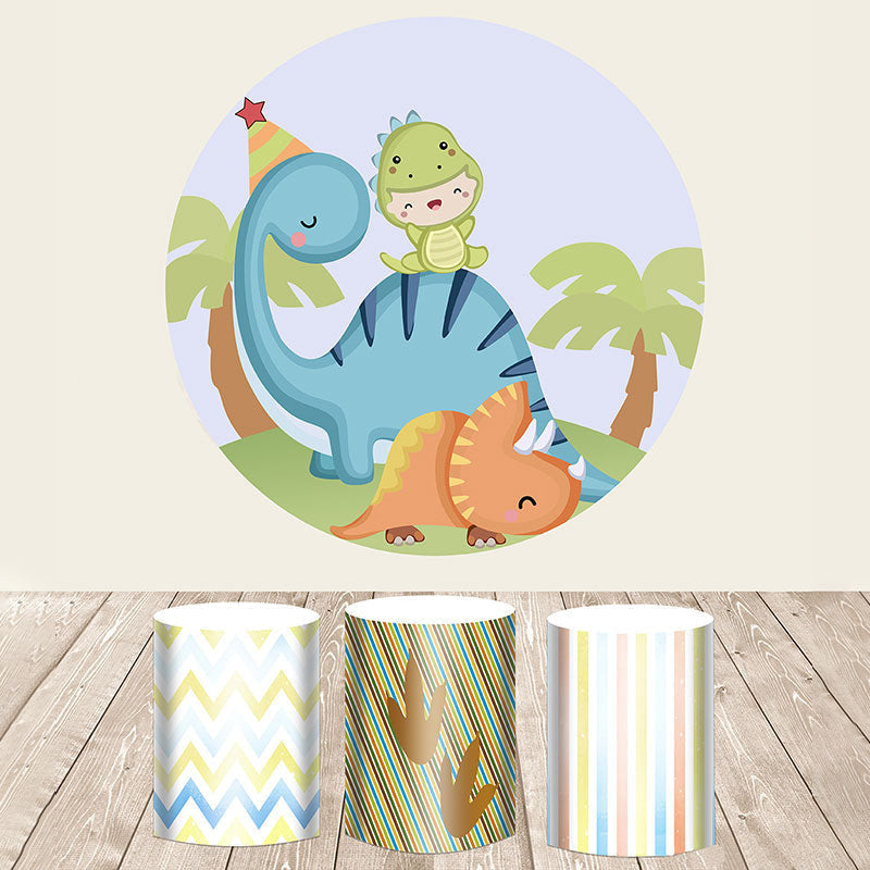 Aperturee Dinosaur Family On The Land Birthday Round Backdrop Kit
