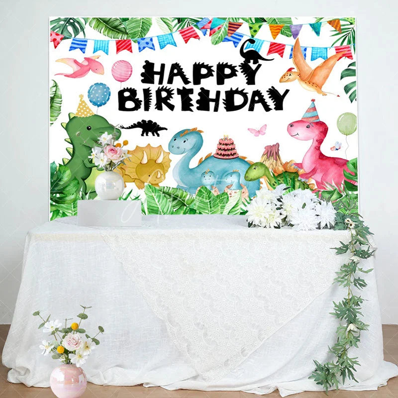 Aperturee - Dinosaur Green Monstera Balloon Birthday Backdrop