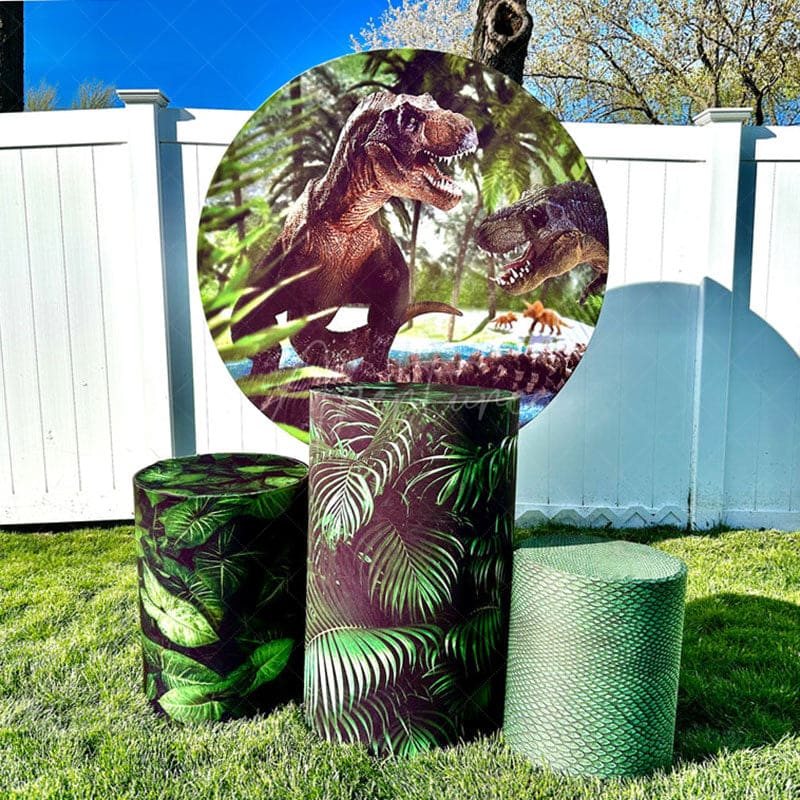Aperturee - Dinosaurs Tropical Green Leaves Boy Round Birthday Backdrop Kit