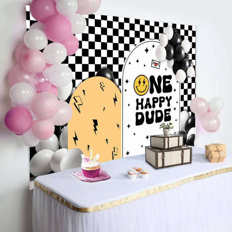 Aperturee - Dude Balloon White Black Plaid 1st Birthday Backdrop