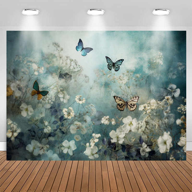 Aperturee - Elegant Butterflies Floral Blue Birthday Backdrop