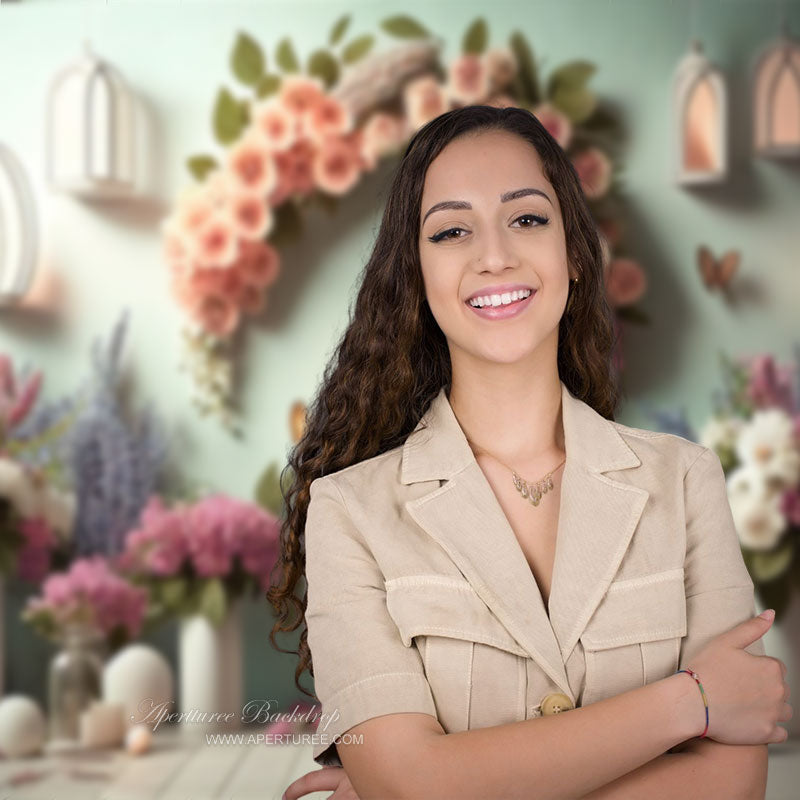 Aperturee - Elegant Butterfly Floral Green Wall Photo Backdrop
