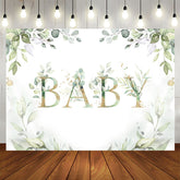 Aperturee - Elegant Light Green Plant and Gold Baby Shower Backdrop