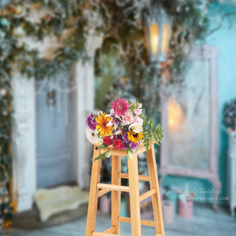 Aperturee - Enchanted Blue House Christmas Tree Photo Backdrop