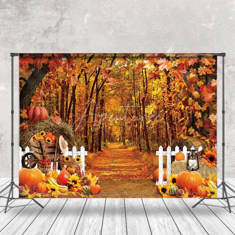 Aperturee - Fall Forest Fence Pumpkin Autumn Photo Backdrop