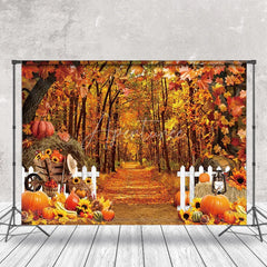 Aperturee - Fall Forest Fence Pumpkin Autumn Photo Backdrop