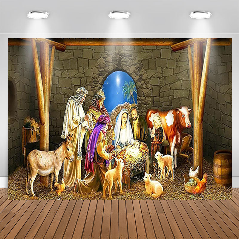 Aperturee - Farm Cowshed Livestock Brick Wall Christmas Backdrop