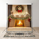 Aperturee - Fireplace Red Bow Grey Curtain Christmas Backdrop