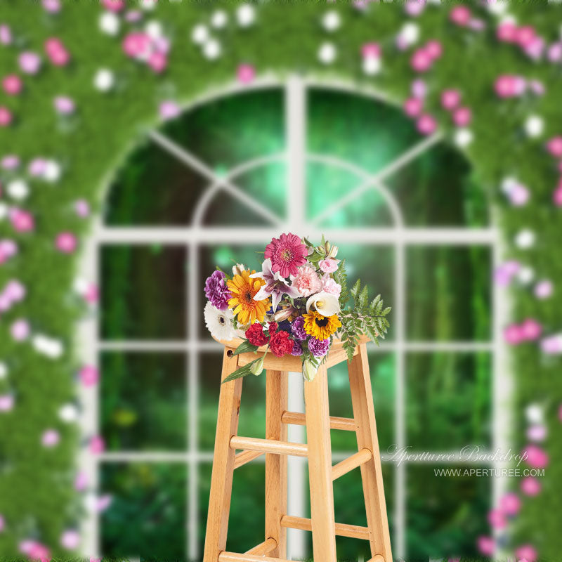 Aperturee - Floral And Grass Wall Window Spring Photo Backdrop