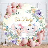 Aperturee - Floral And Little Elephants Round Baby Shower Backdrop