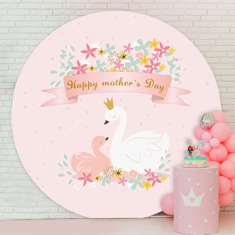 Aperturee - Floral And Swan Round Pink Happy Mothers Day Backdrop