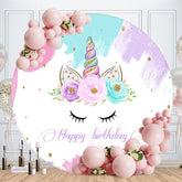 Aperturee - Floral And Unicorn Gold Glitter Round Birthday Backdrop