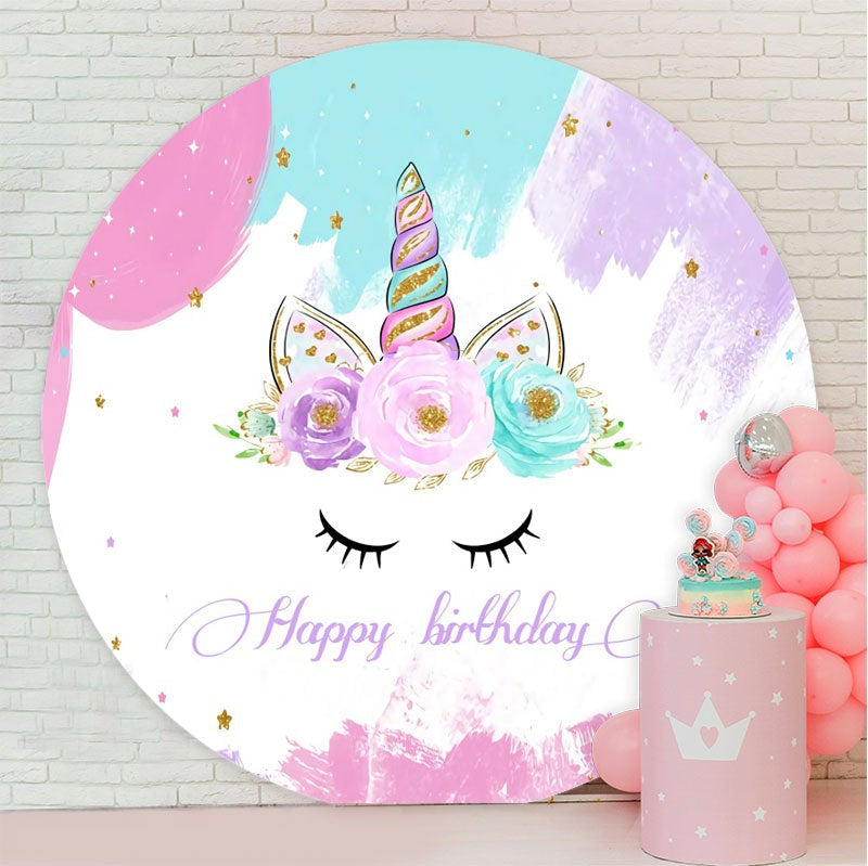 Aperturee - Floral And Unicorn Gold Glitter Round Birthday Backdrop