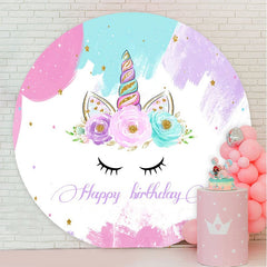 Aperturee - Floral And Unicorn Gold Glitter Round Birthday Backdrop