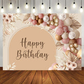 Aperturee - Floral Balloon Light Brown Boho Happy Birthday Backdrop
