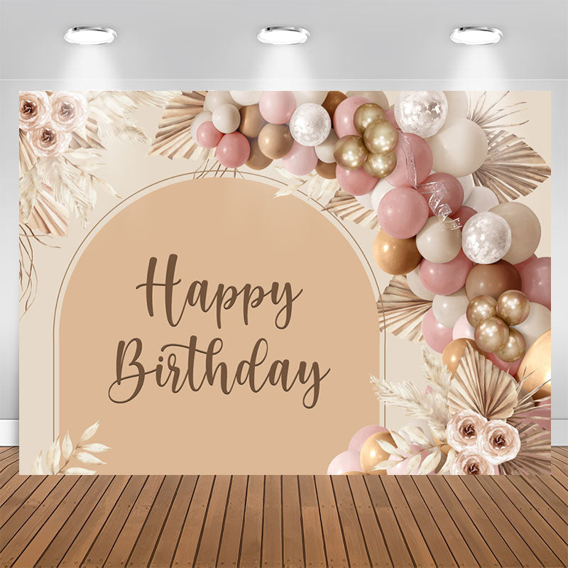 Aperturee - Floral Balloon Light Brown Boho Happy Birthday Backdrop