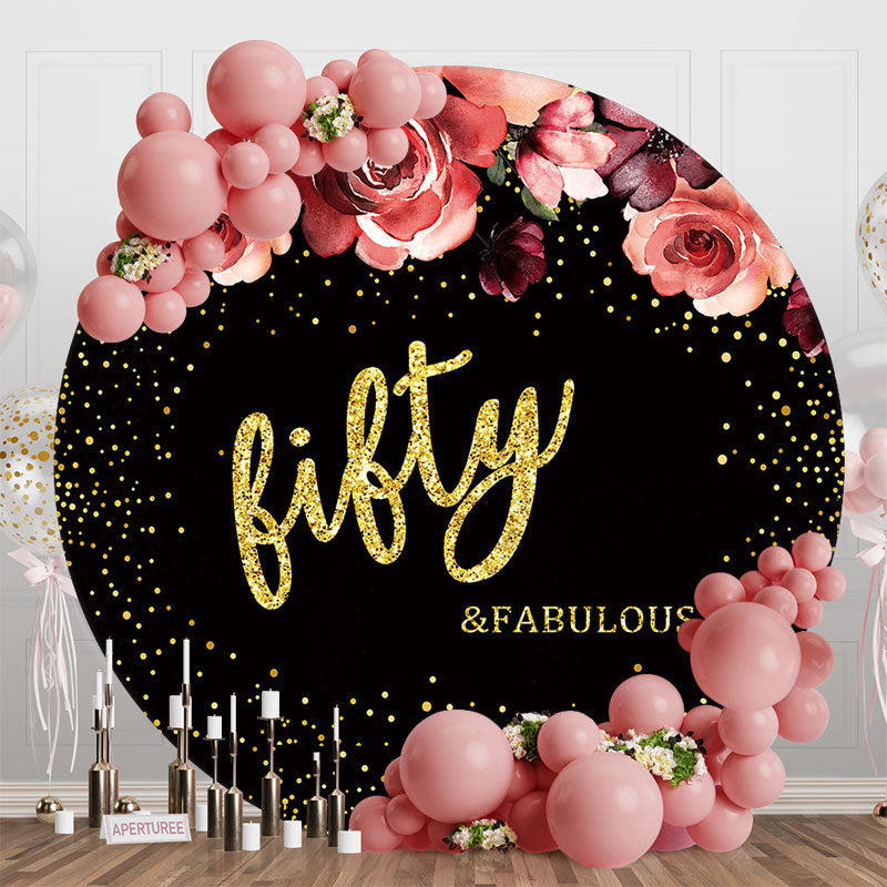 Aperturee - Floral Black Golden Round 50th Birthday Backdrop
