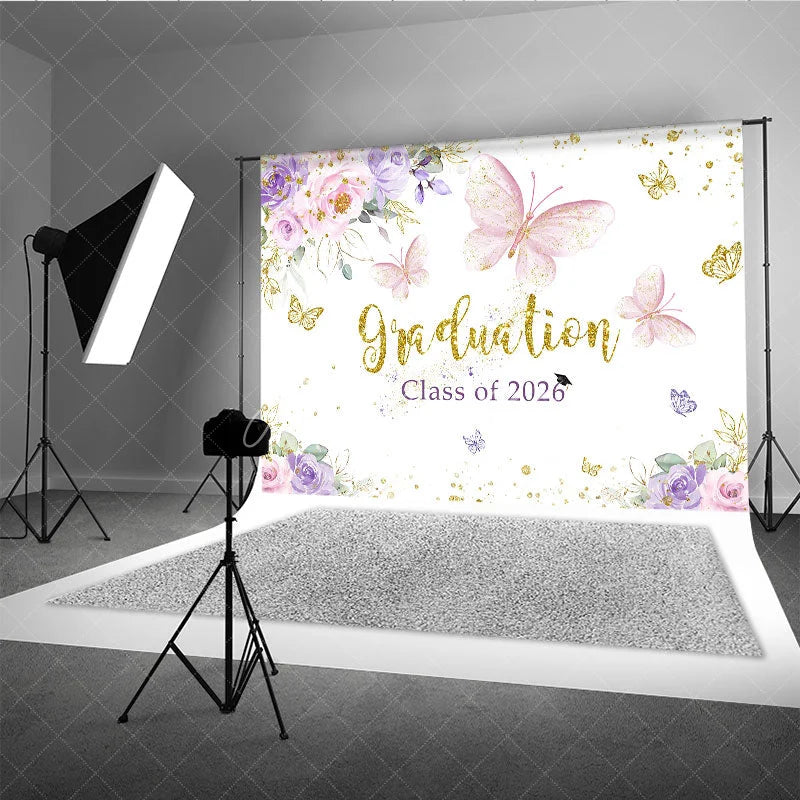 Aperturee - Floral Butterfly Grad Class Of 2026 Photo Backdrop