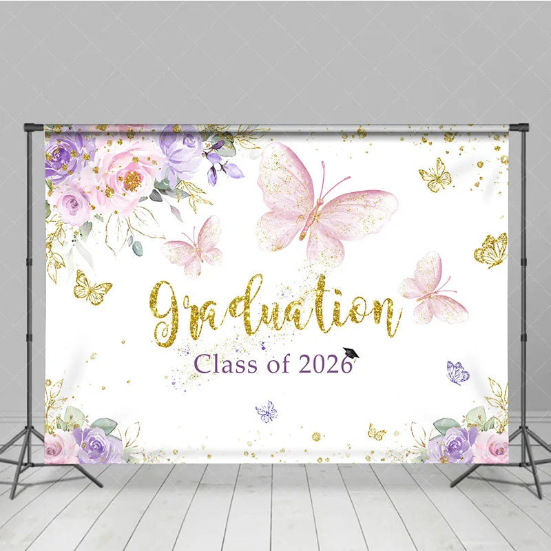 Aperturee - Floral Butterfly Grad Class Of 2026 Photo Backdrop