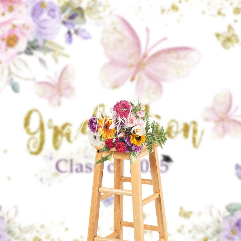 Aperturee - Floral Butterfly Grad Class Of 2025 Photo Backdrop