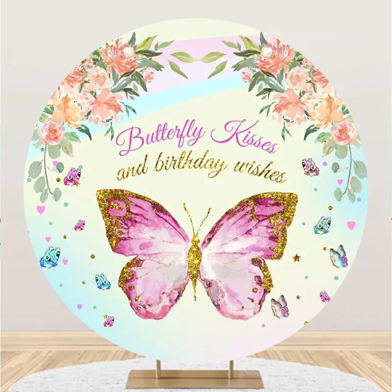 Aperturee - Floral Butterfly Kisses Round Backdrop For Birthday