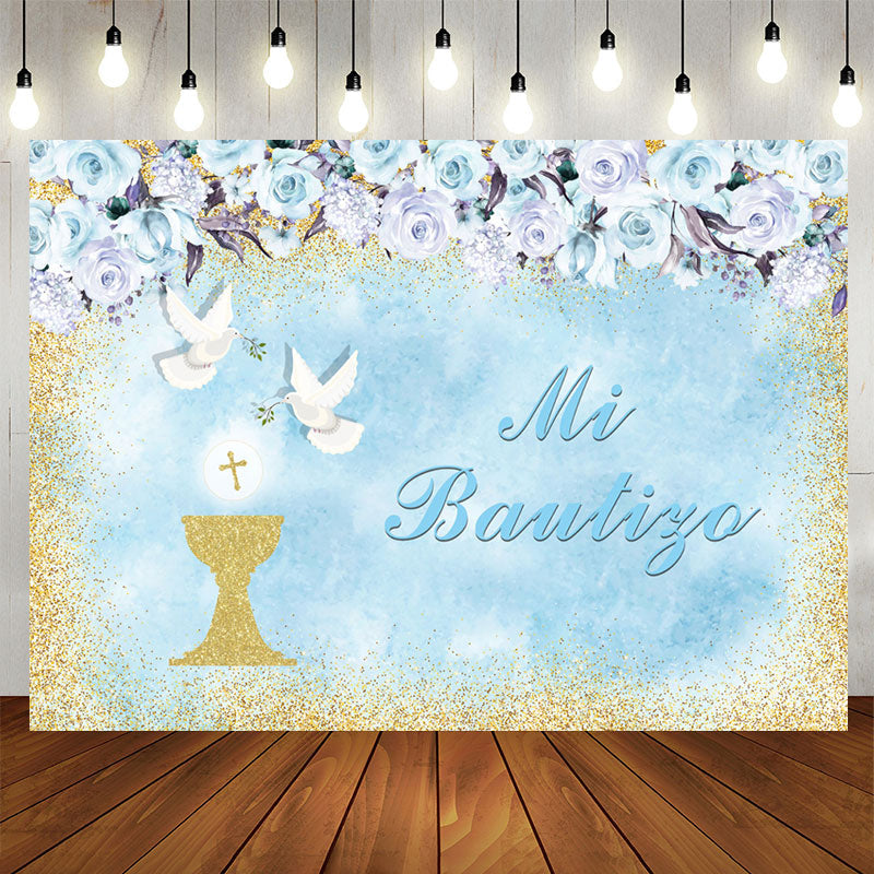 Aperturee - Floral Doves Mi Bautizo Baptism Backdrop For Twins