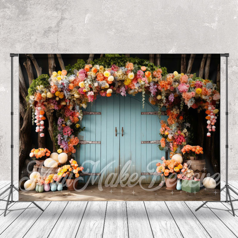 Aperturee - Floral Eggs Sticks Blue Wood Door Photo Backdrop