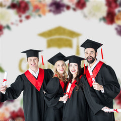 Aperturee - Floral Glitter Gold Graduation Photo Booth Backdrop