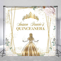 Aperturee - Floral Gold Crown Custom Name Quinceanera Backdrop